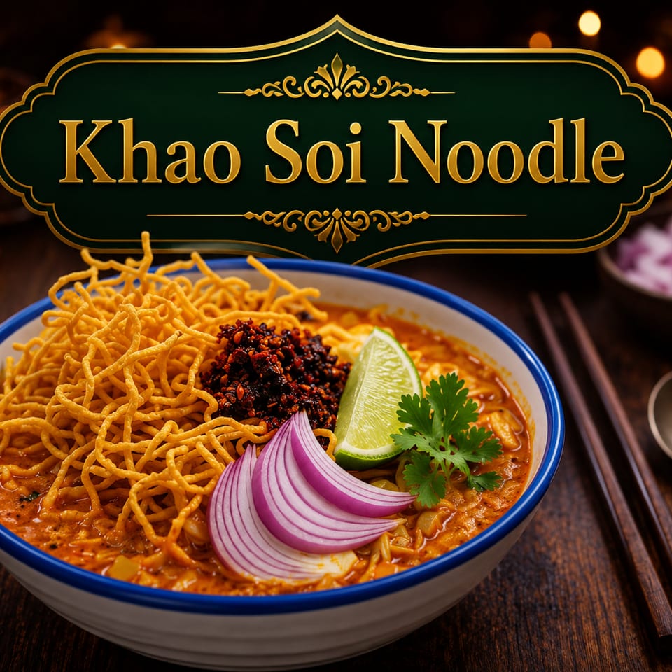 A bowl of Khao Soi noodles with crispy noodles, lime, red onion, and chili paste.