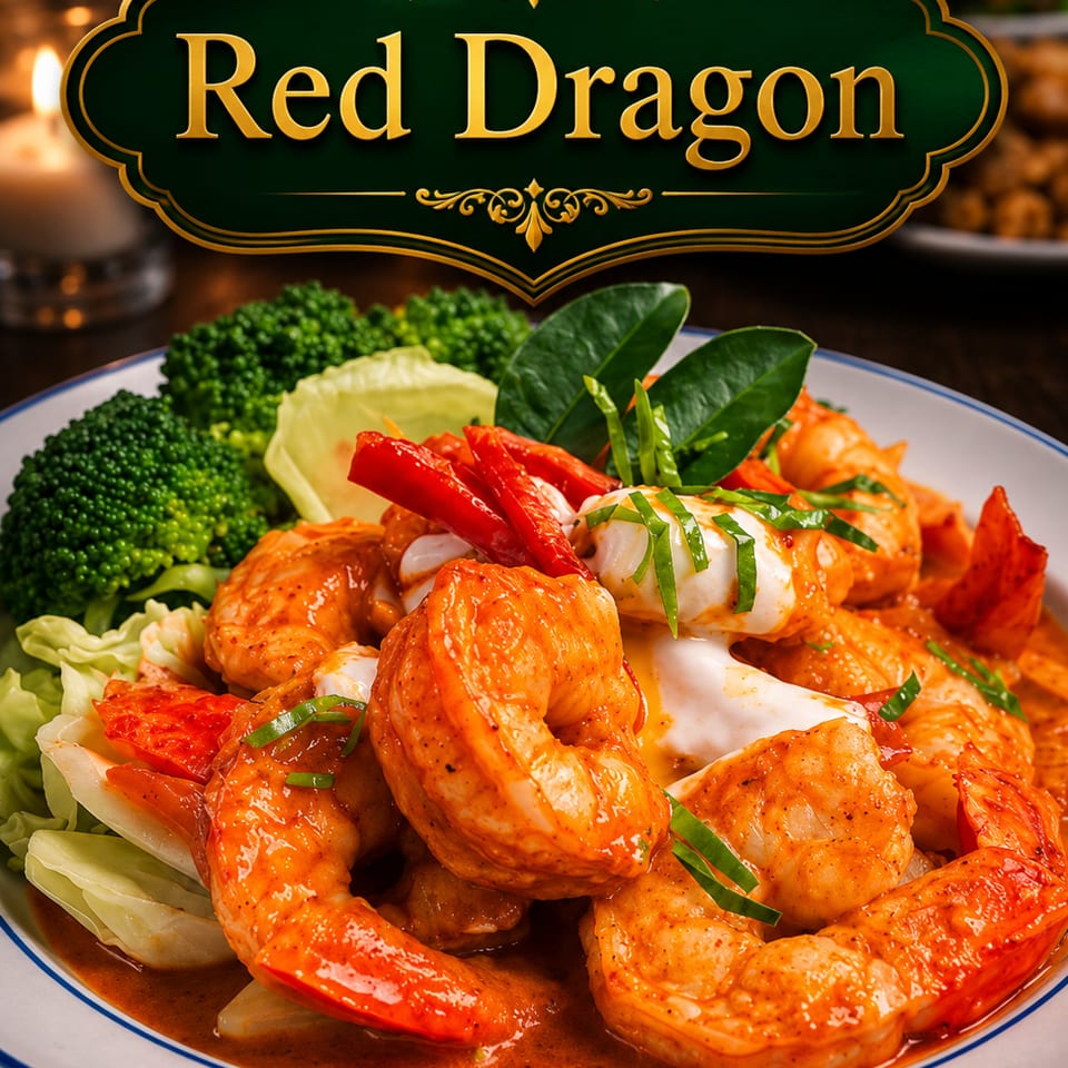 Red Dragon restaurant logo above a plate of shrimp in red sauce with broccoli and lettuce.