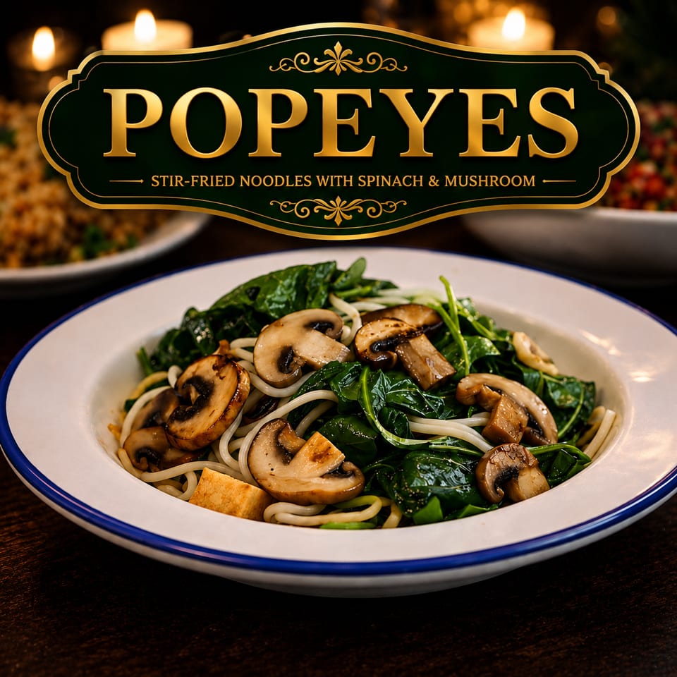 Popeyes stir-fried noodles with spinach and mushrooms in a white bowl with a blue rim.