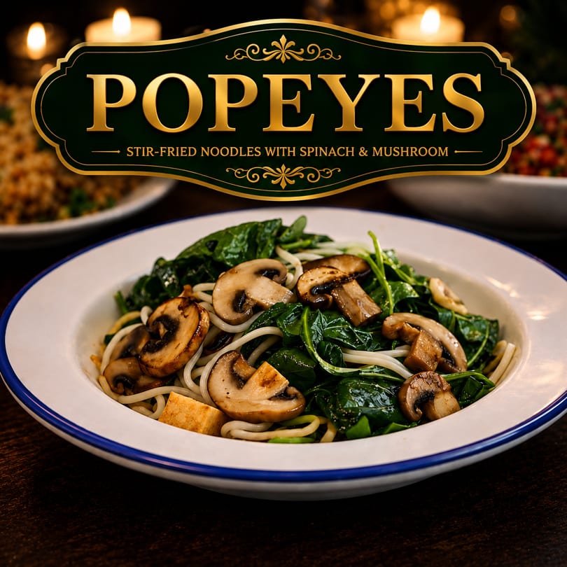 Popeyes stir-fried noodles with spinach and mushrooms in a white bowl with a blue rim.