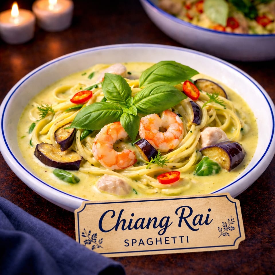Chiang Rai Spaghetti with shrimp, eggplant, chicken, basil, and chili in a creamy green sauce.