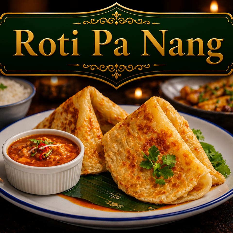 Roti Pa Nang with curry sauce, rice, and another dish in a warm, inviting setting.